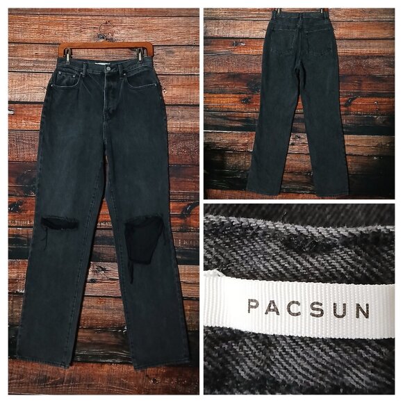 PacSun Jeans 28 Dad High Rise Button Fly Ripped Distressed Washed Black Denim - Picture 1 of 8